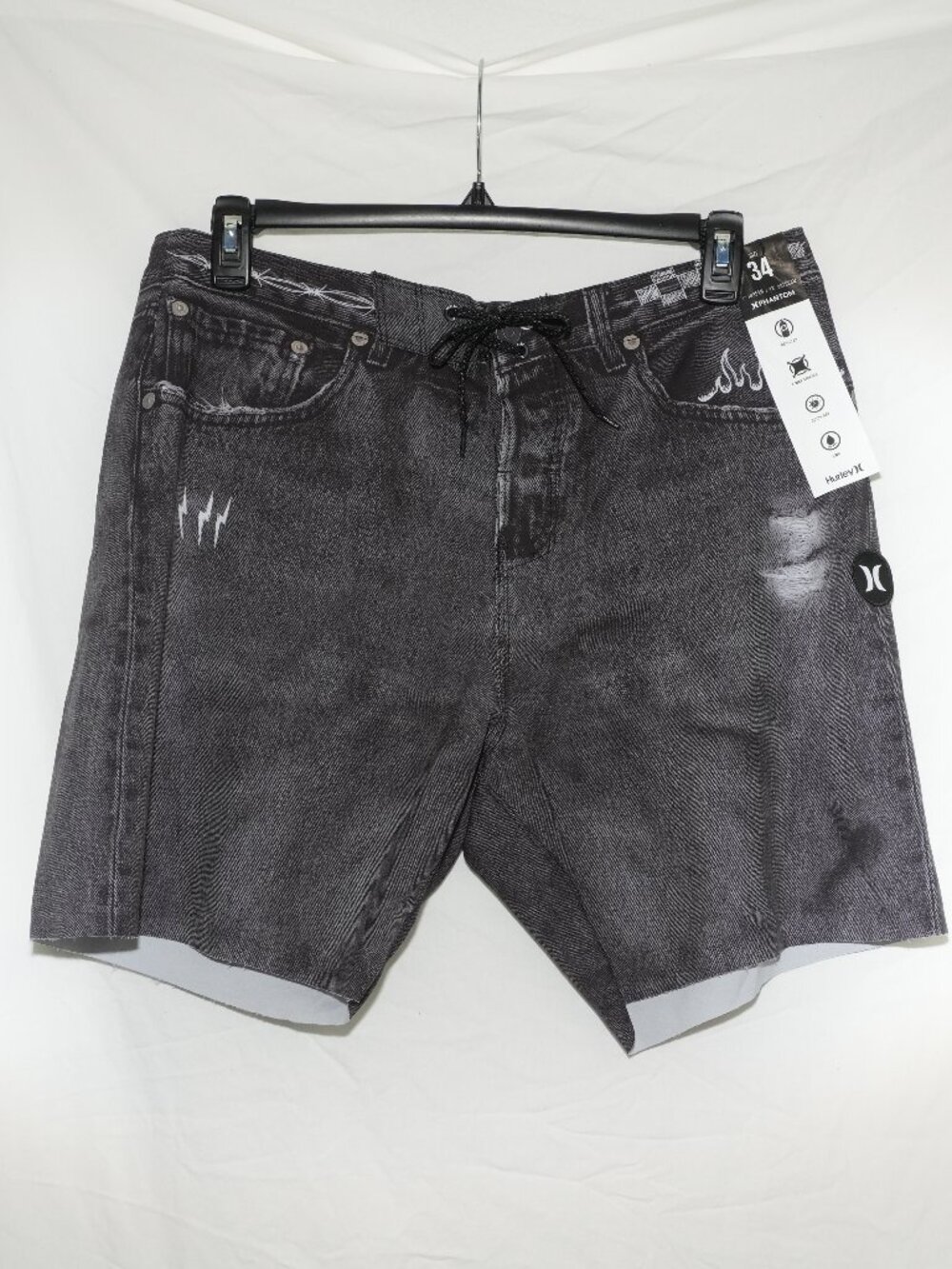 NWT Hurley Mens 34 Board Shorts Black 7” Inseam Stretch Swimsuit No Mesh Liner
